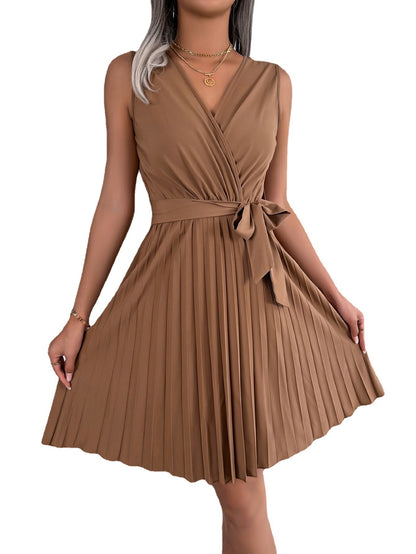 European And American Elegant Cross V-neck Sleeveless Cinched Pleated Dress