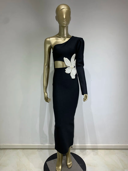 Nouvelle robe bandage asymétrique à manches longues et à fleurs perlées