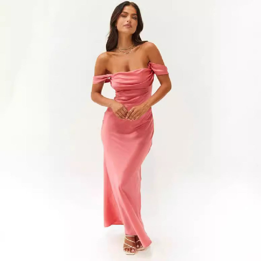 Robe longue en satin à épaules dénudées pour femme