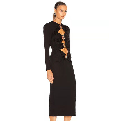 Long Sleeve Iron Hoop Pierced Black Bandage Long Dress