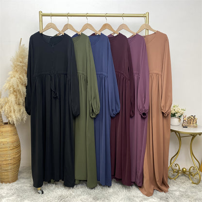 Muslim Simple Design Solid Color Stretch Sleeves, Front Zipper Elegant Swing Dress