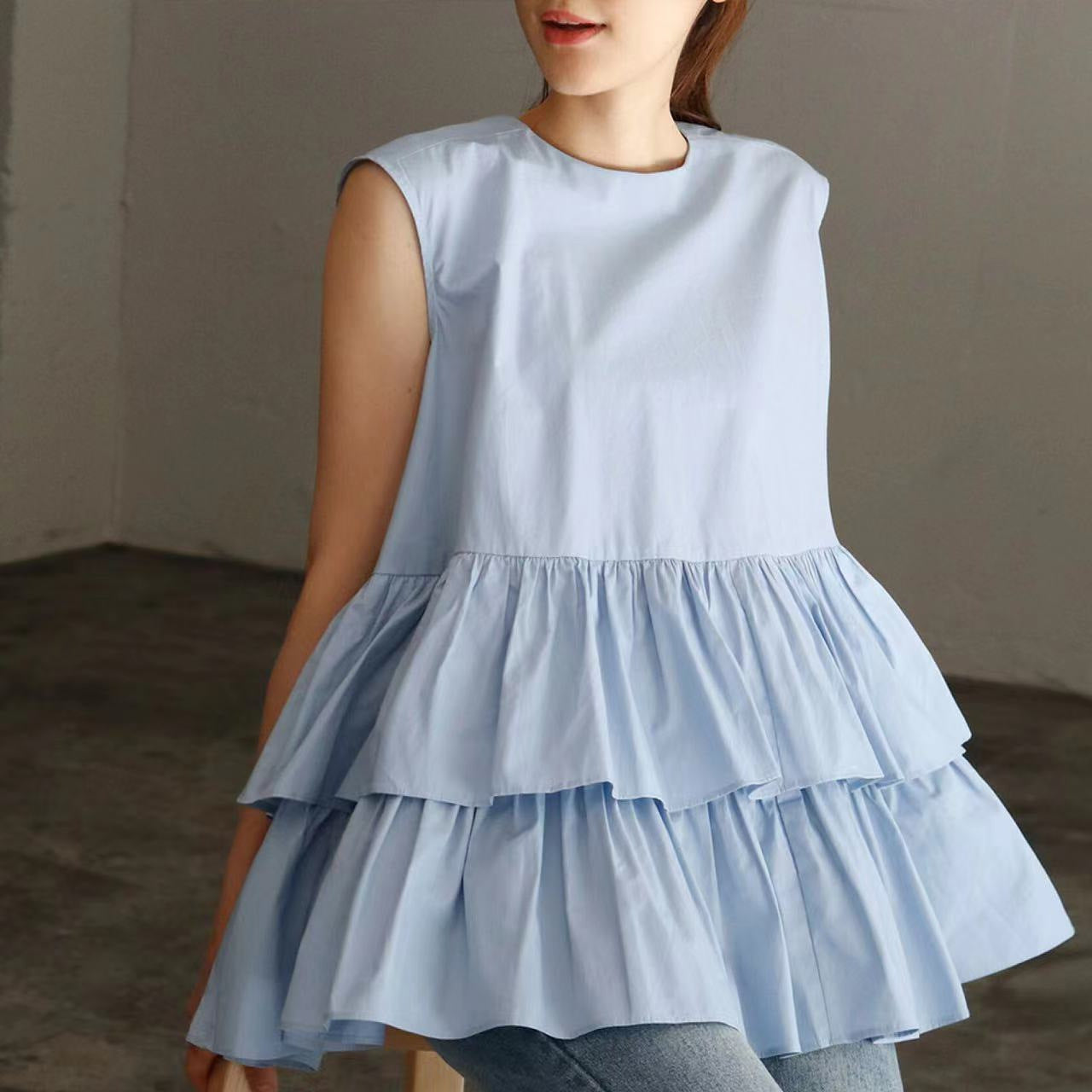 Summer Pure Cotton Sleeveless Ruffled Shirt