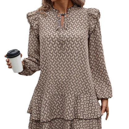 Bohemian Printed V-neck Lace-up Long Sleeve Dress