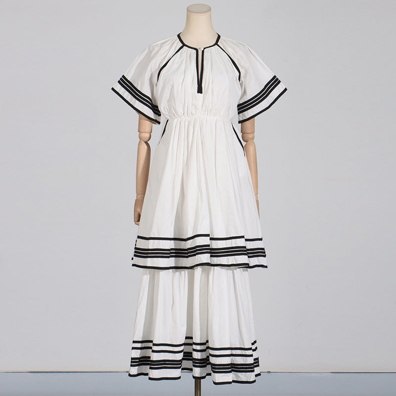 French Style Summer Tail Round-neck Flared Sleeves Lace-up Waist Solid Color Stripes Patchwork Long Dress Dress Women