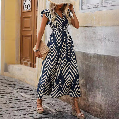 Vestido elegante de manga corta con estampado y dobladillo largo con cordones