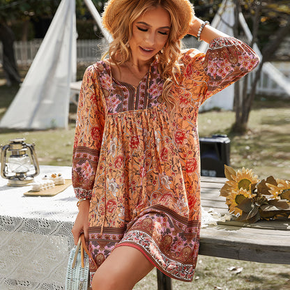 Bohemian Printed Long Sleeve V-neck Lace-up Dress