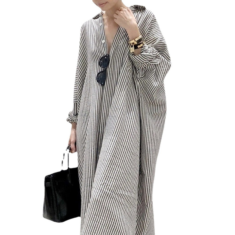 Lengthened Shirt Dress Spring And Autumn Stripes Cardigan