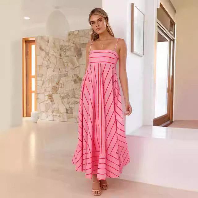 Cross Border Print Sweet Spaghetti-strap Elastic Back Long Dress