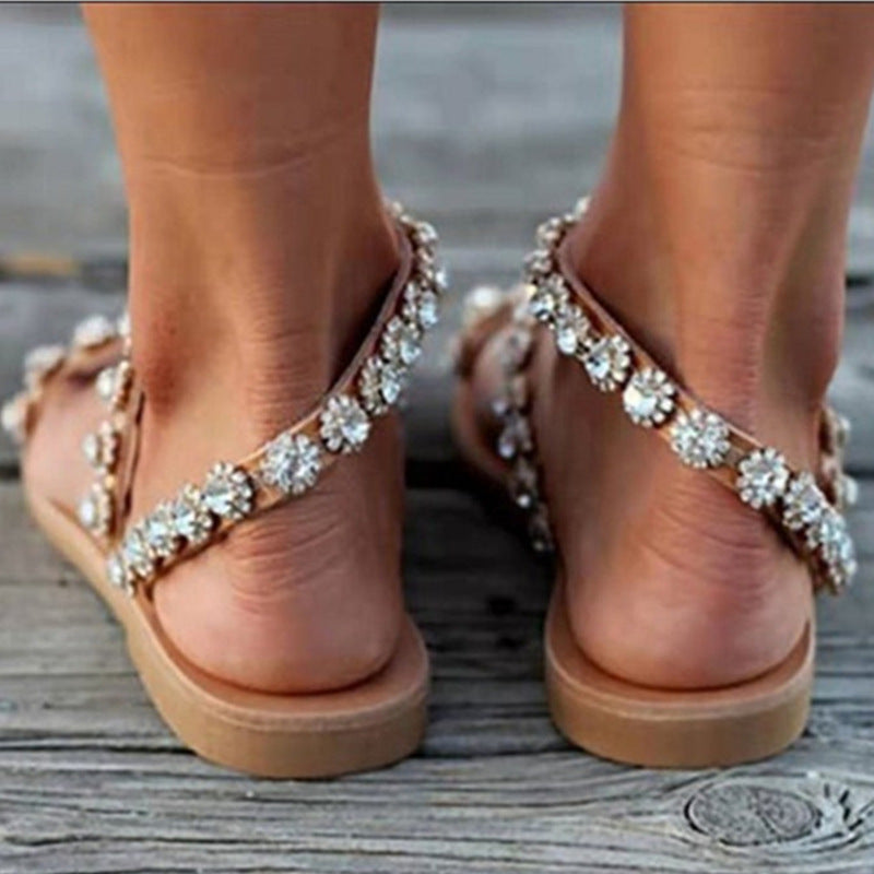 Sandalias de mujer Mules Boho Zapatos de playa Rhinestone Encaje Abalorios Zapatillas planas