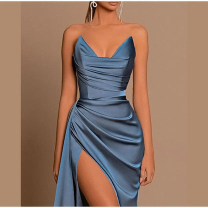 Vestido formal de sirena con hombros descubiertos y abertura alta para mujer para banquete