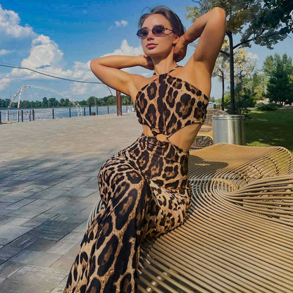 Vestido sexy de verano con estampado de leopardo, cuello halter, espalda descubierta y cadera para mujer