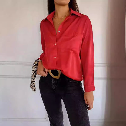 Camisa informal de manga larga con bolsillos y botones para mujer