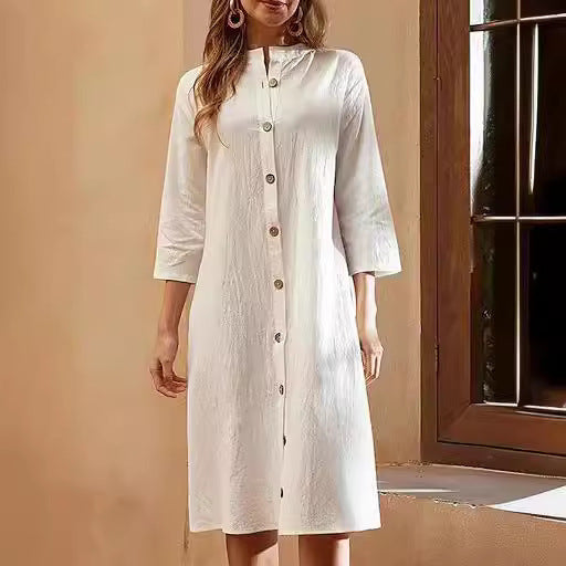 Stand-up Collar 34 Sleeve Shirt Button Casual Dress