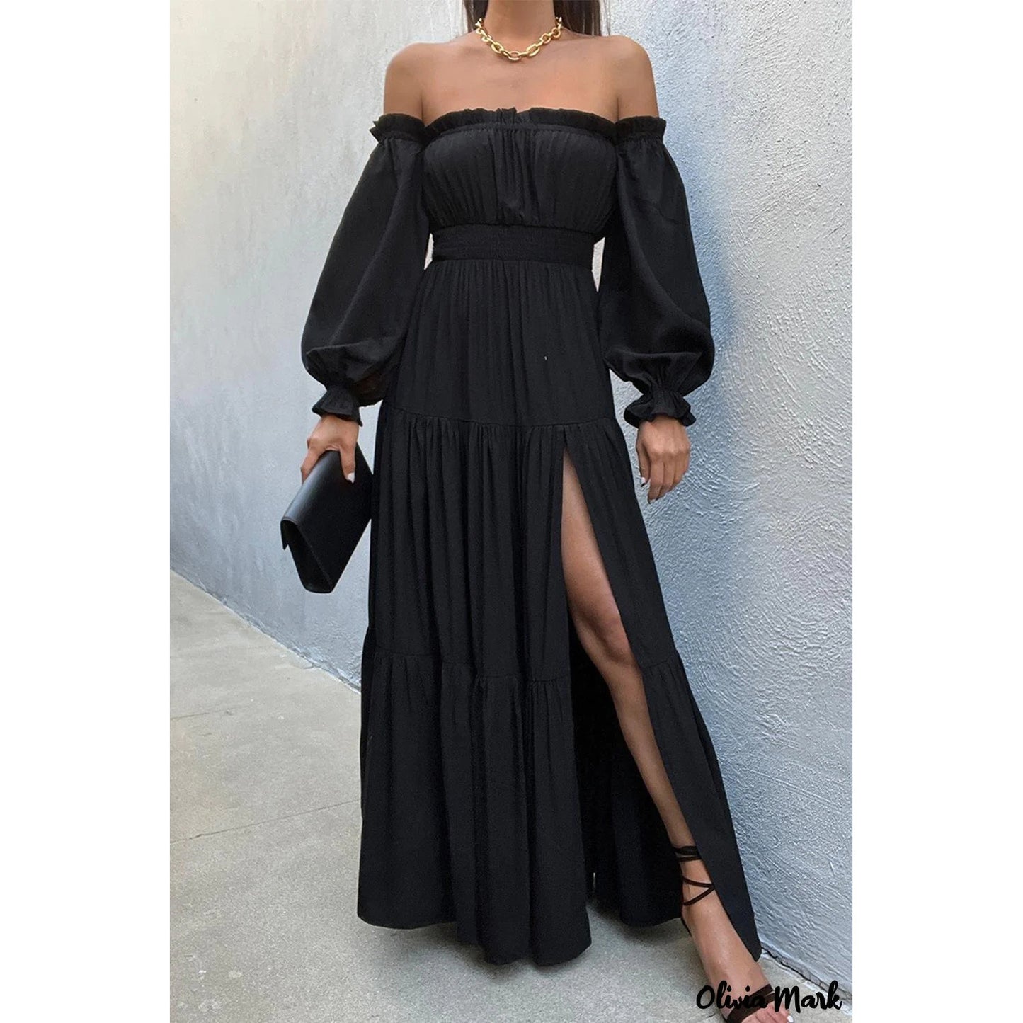 Off-shoulder Ruffled Long Sleeve High Slit Dress