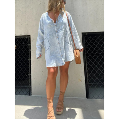 Robe chemise ample en denim délavé pour femme