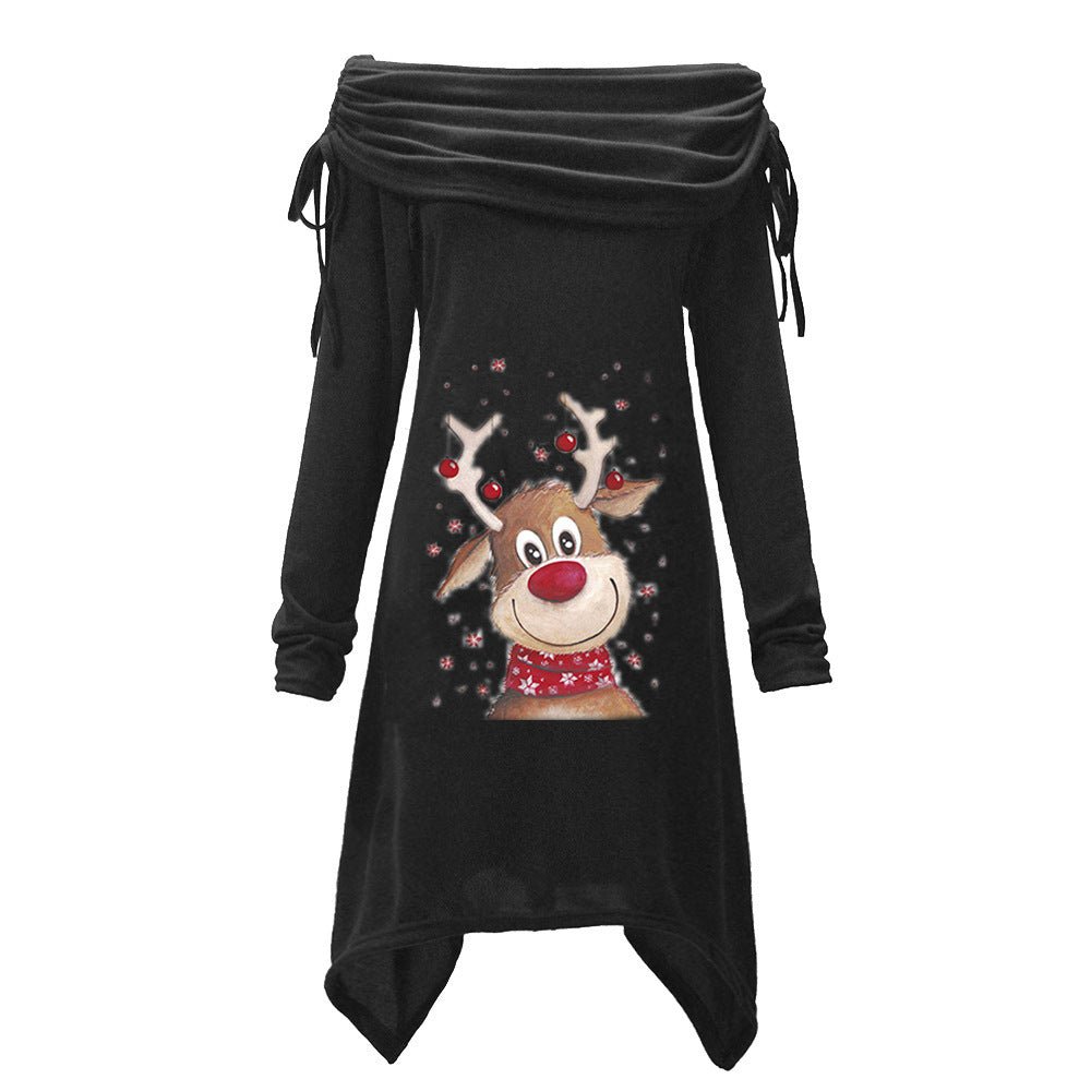 Christmas Elk Printing Pleated Collar Pleated Irregular Long Corset Coat