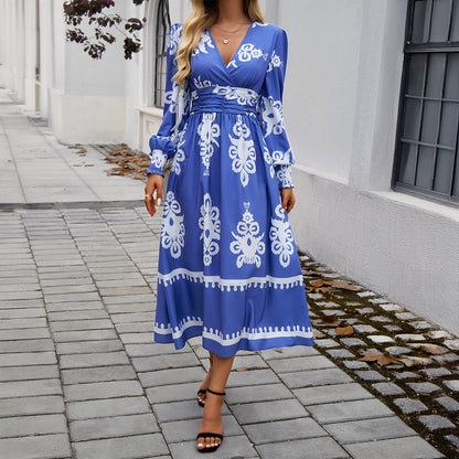 Vestido de manga larga con contraste de color y estampado para mujer