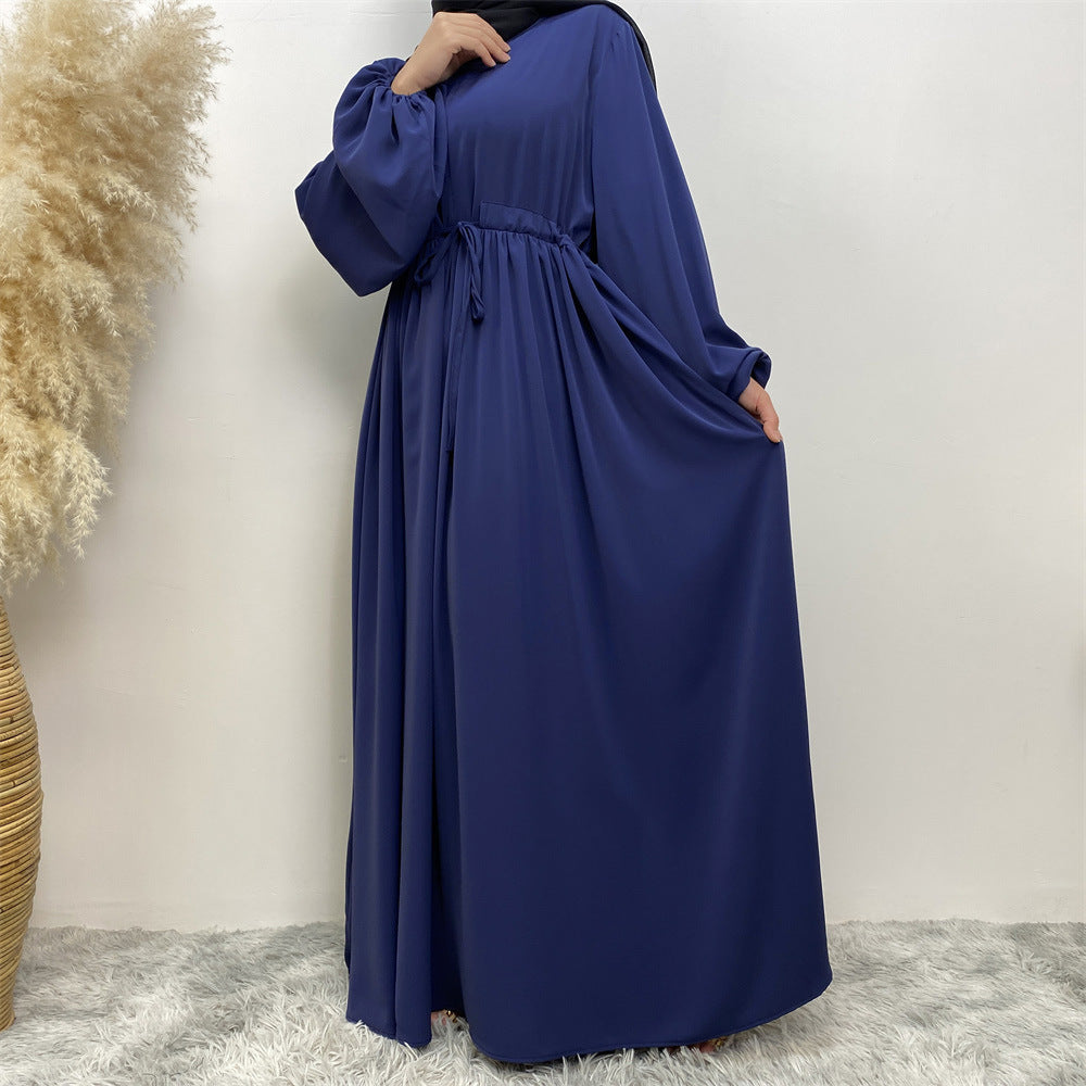 Muslim Simple Design Solid Color Stretch Sleeves, Front Zipper Elegant Swing Dress