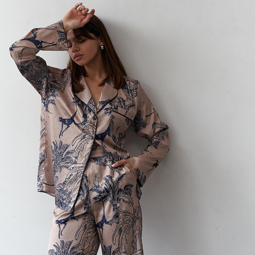 Women's Fashion Satin Printed Cardigan Pajamas Two-piece Set