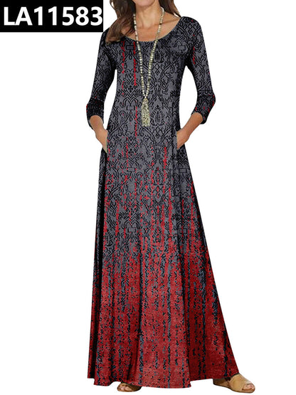 Robe longue à manches longues et col rond, style rétro, imprimé floral 3D, vêtements d'été décontractés pour femmes, grande taille