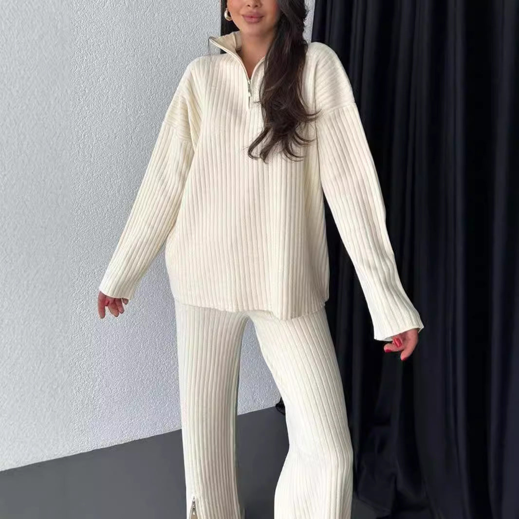 Fall Women's Clothing Solid Color Zipper Knitting Suit High Neck Ribbing Home Wear Two-piece Set