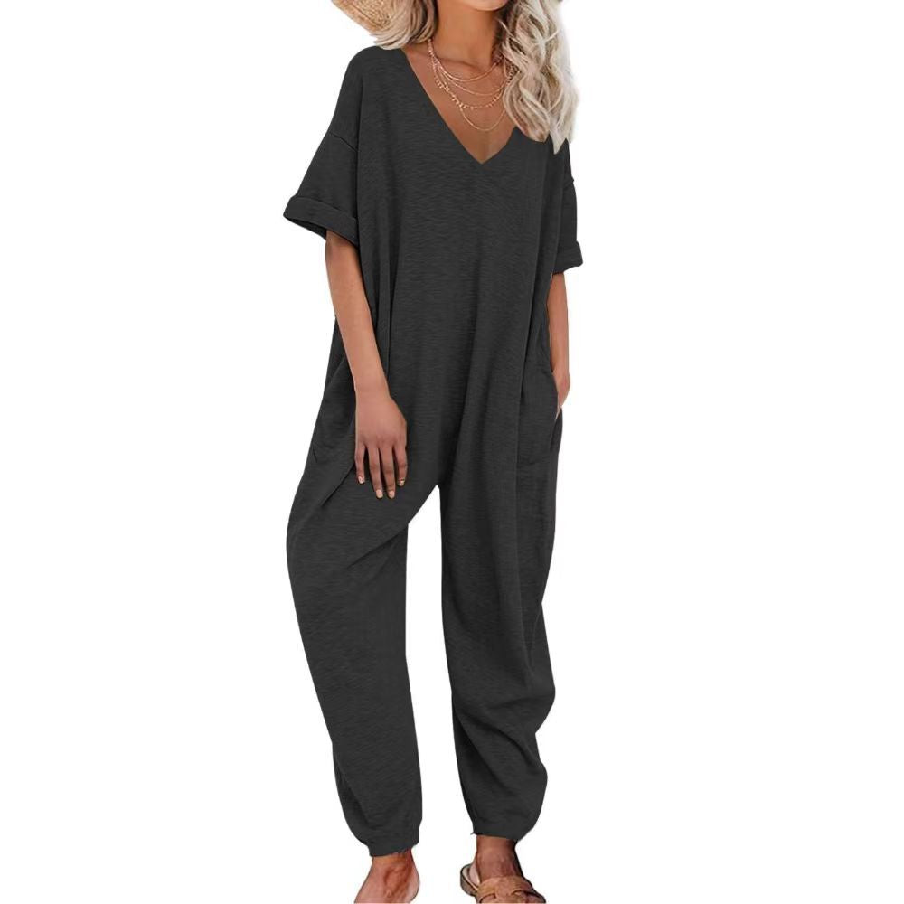 Solid Color V-neck Jumpsuit Half Sleeve Ankle-tied Loose