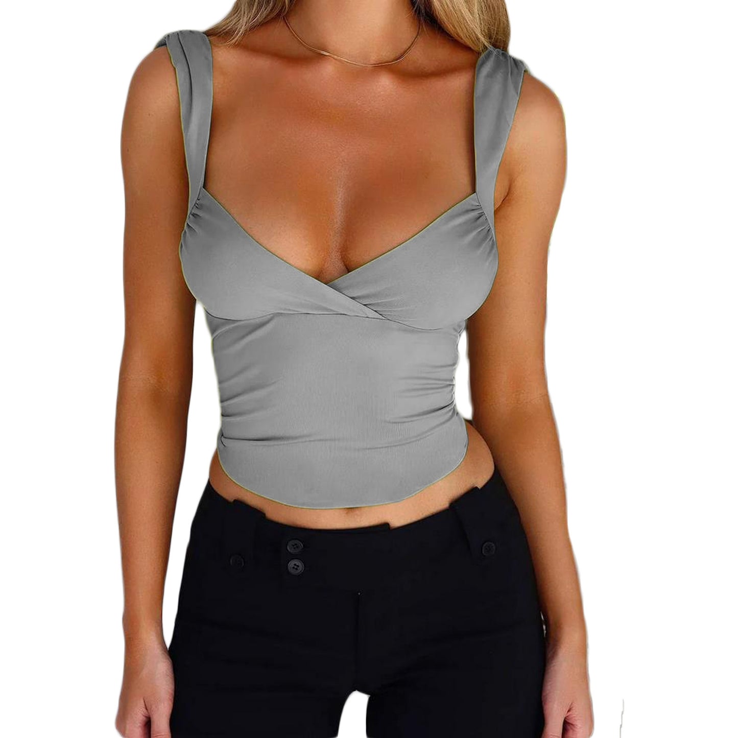 Camiseta sin espalda con cuello en V y tirantes a la moda para mujer