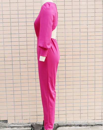 Women's Straight Round Neck Long Sleeve Backless Slim Fit Jumpsuit