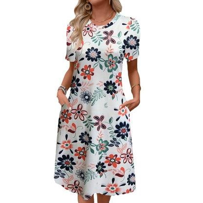 Printed Pocket Round Neck Short Sleeve Dress Women