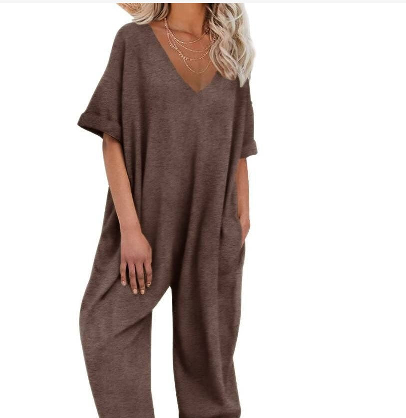 Solid Color V-neck Jumpsuit Half Sleeve Ankle-tied Loose