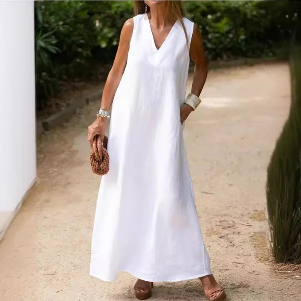 Vestido de lino y algodón blanco de talla grande