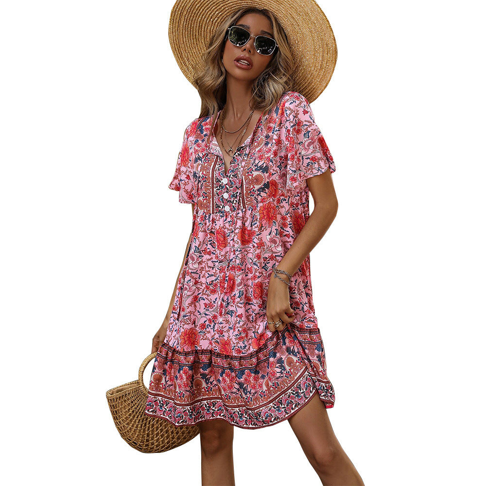 Robe de vacances décontractée et ample à col en V à petites fleurs européenne et américaine de style bohème