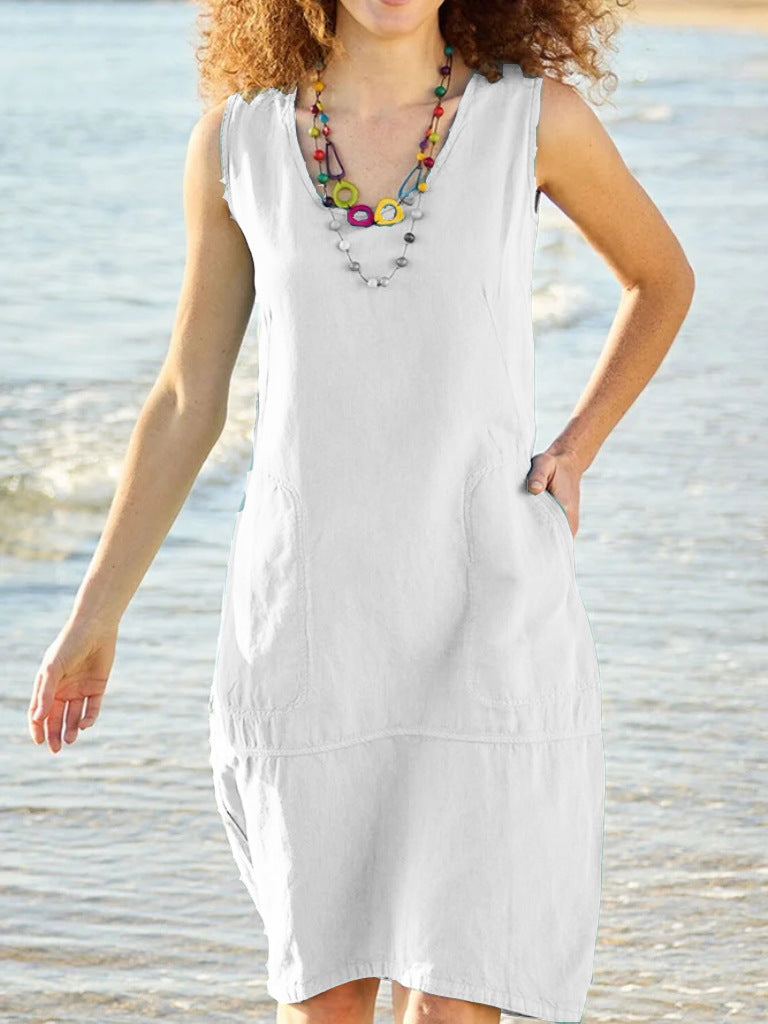 Women's Solid Color Cotton Linen U-collar Sleeveless Pocket Midi Dress