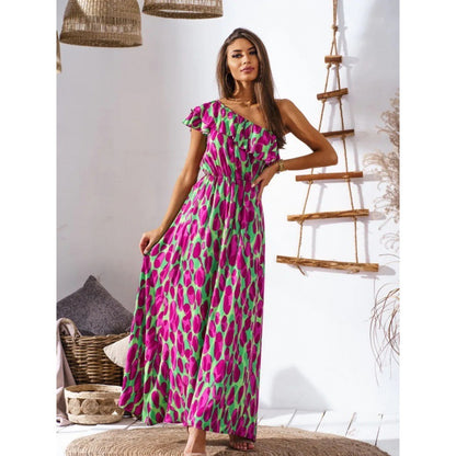 Europe New Off-the-shoulder Fitted Waist Printed Long Dress