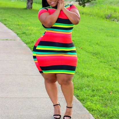 Striped Slim-fit Red Plus Size Fat Woman Dress