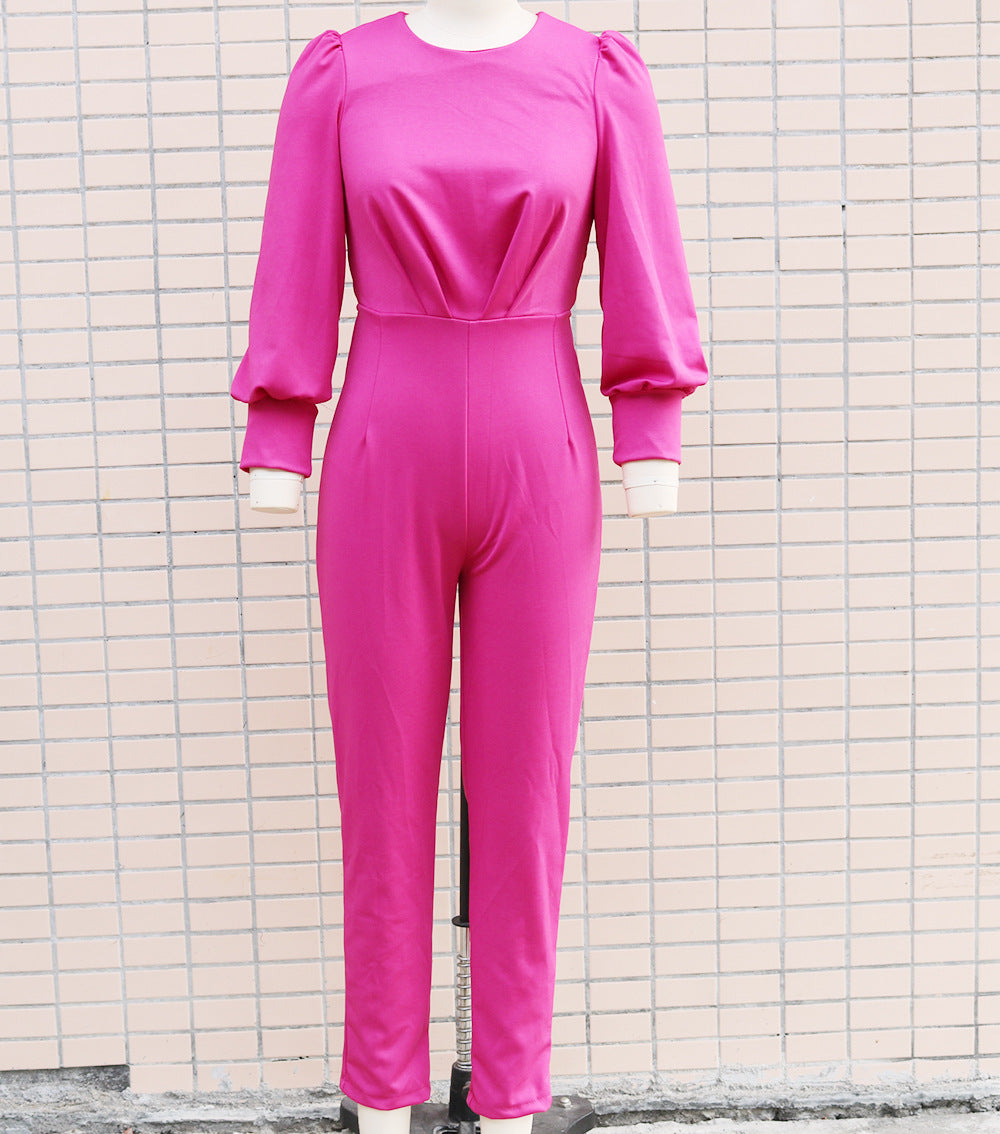 Women's Straight Round Neck Long Sleeve Backless Slim Fit Jumpsuit