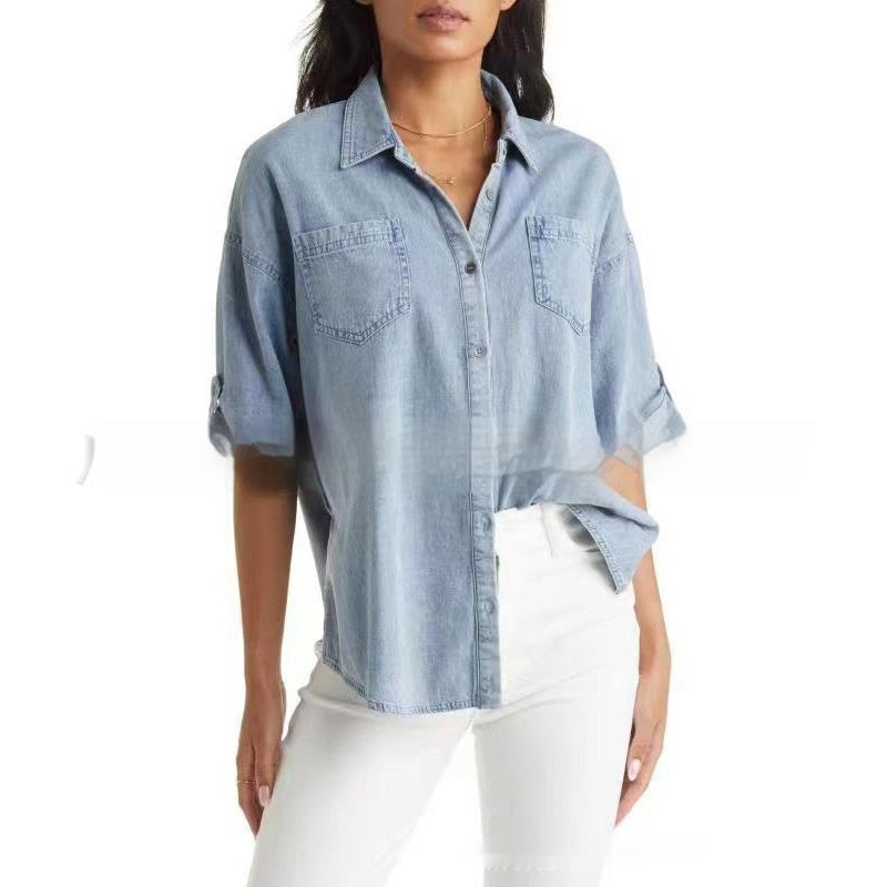 Camisa holgada de verano de manga corta estilo vaquero para mujer