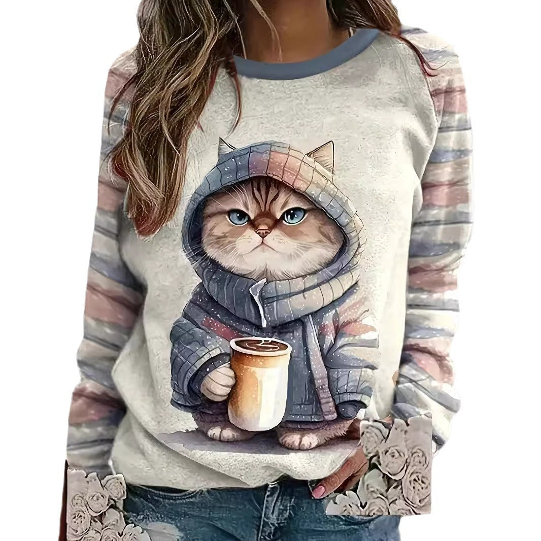 Summer Trendy Cute Kitten Print Women's Commuter Elegant Top