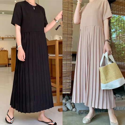 Loose Slimming Short Sleeve Chiffon Pleated Long Elegant Lady Dress