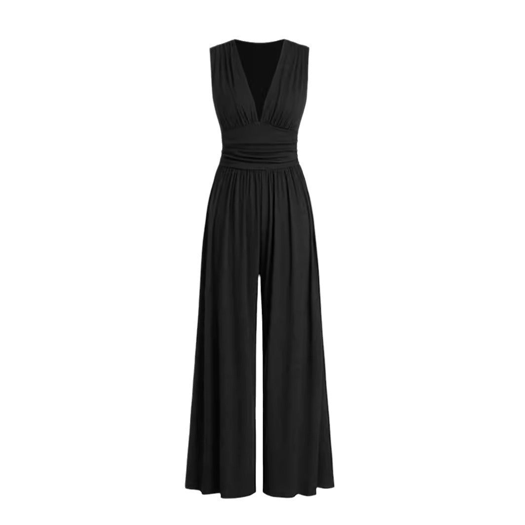 Women's Deep V-neck Pleated Stretch Body Shaping Wide Leg Jumpsuit