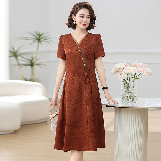 Chinese Style Mom Summer Clothes Dress Mid-length Western Style Middle-aged Temperament Slimming