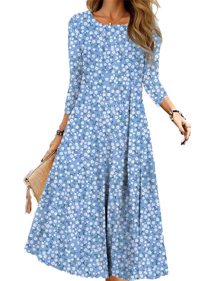 Printed Long Sleeve Round Neck Mid-length Dress