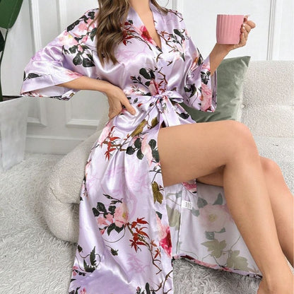 Summer Breathable Thin Fashion Big Flower Print Long Sleeve Nightgown