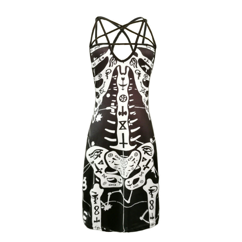 Nuevo vestido sexy con estampado de huesos y calaveras con tirantes cruzados