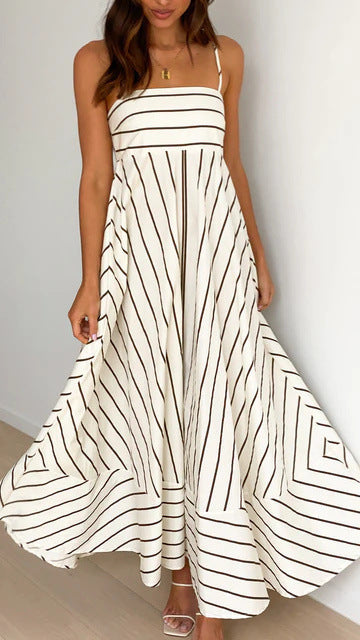 Cross Border Print Sweet Spaghetti-strap Elastic Back Long Dress