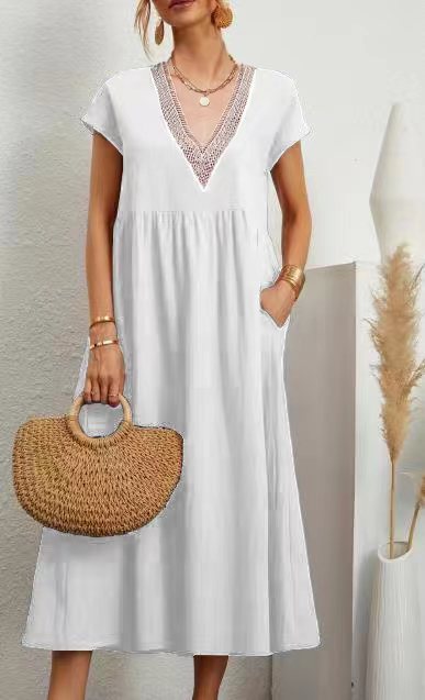 European And American Solid Color Lace V-neck Sleeveless Loose Cotton And Linen Pocket Dress