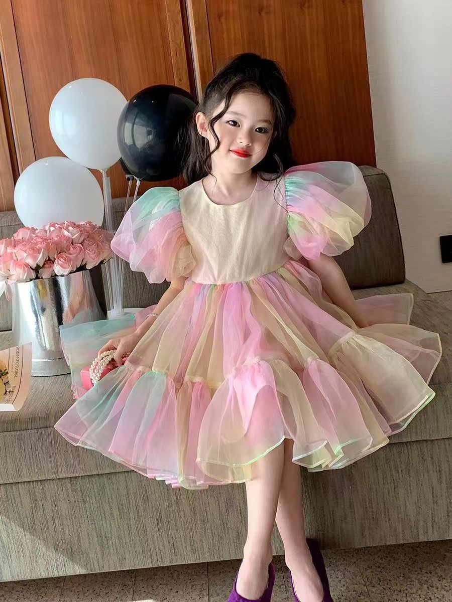 Vestido de malla con mangas abullonadas de princesa para niñas