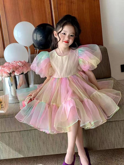 Vestido de malla con mangas abullonadas de princesa para niñas