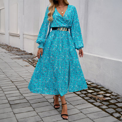 Vestido elegante de talle alto con estampado de temperamento femenino