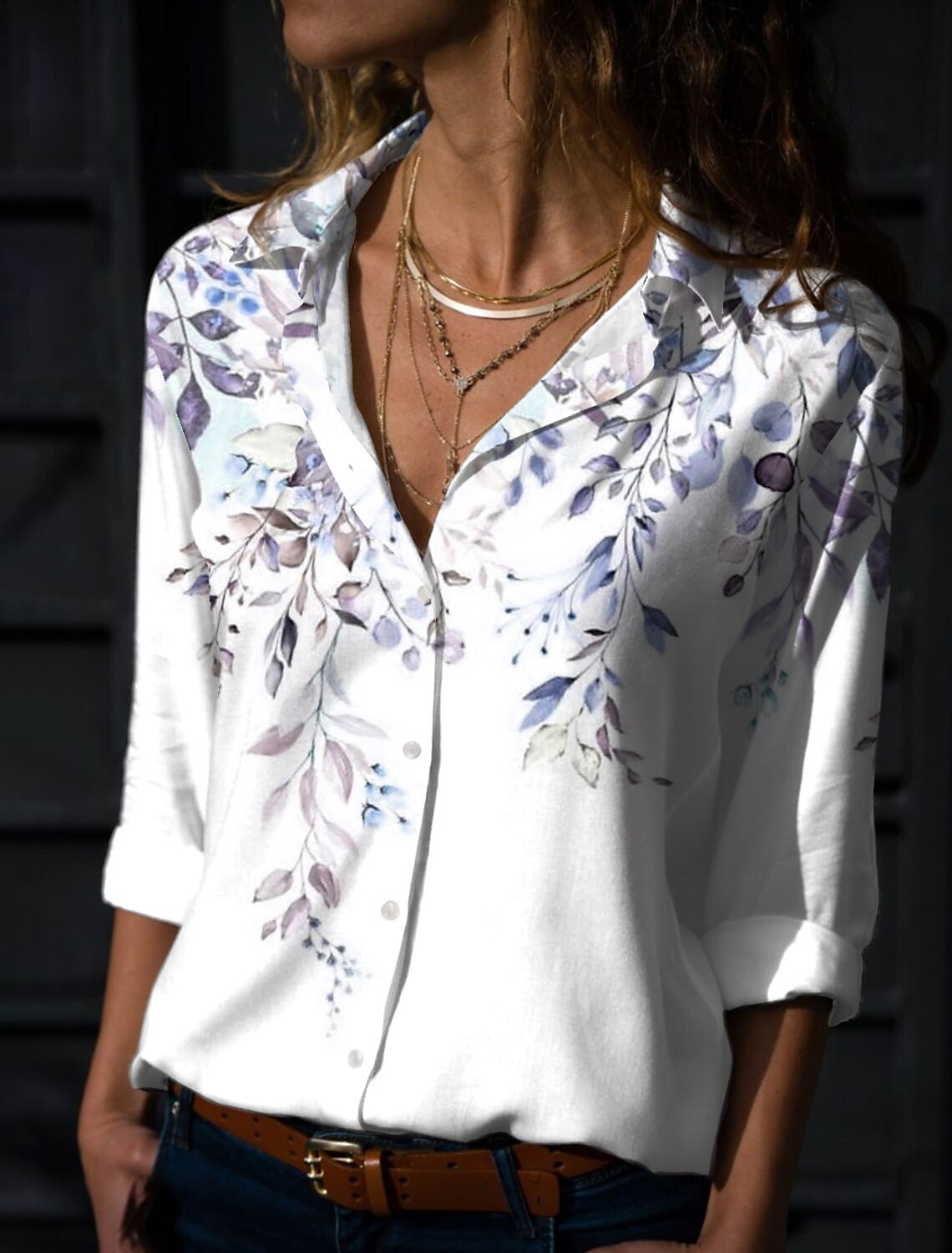 Blusa de manga larga para mujer, nueva, con estampado elegante clásico de ramas de flores en color sólido, cárdigan suelto digital 3D